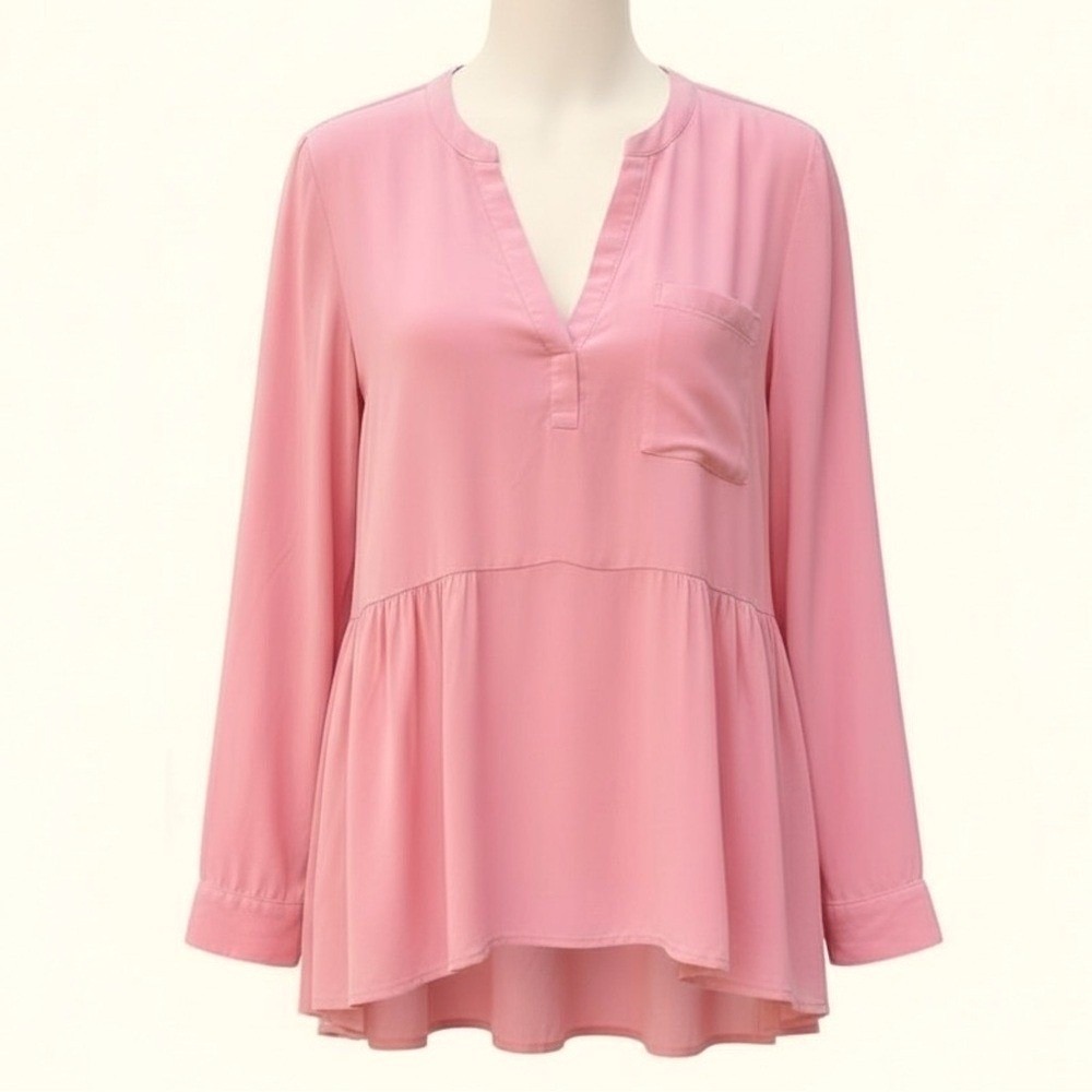 Maeve Anthropologie Peach Pink Peplum Blouse Split V-Neck Long Sleeve Top Size 8